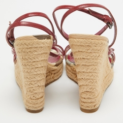 Burberry Red/Beige Patent Leather and House Check Canvas Tenbury Wedge Platform Sandals Size 37