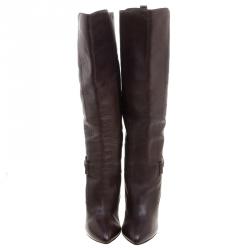 Pre Owned بوت للركبة بربري جلد بني مقدمة مدببة مقاس 37.5