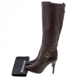 Pre Owned بوت للركبة بربري جلد بني مقدمة مدببة مقاس 37.5