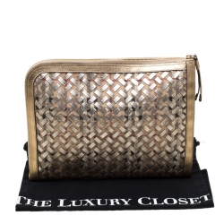 Pre Owned Burberry Gold/Beige Haymarket Check PVC and Leather Document Case