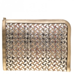 Pre Owned Burberry Gold/Beige Haymarket Check PVC and Leather Document Case