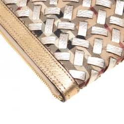 Pre Owned Burberry Gold/Beige Haymarket Check PVC and Leather Document Case