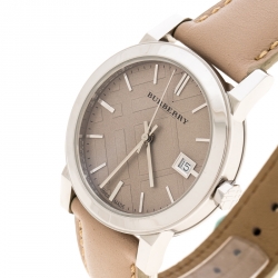 Pre Owned Burberry Beige Check Dial Stainless Steel BU9107 Women's Wristwatch 34 mm