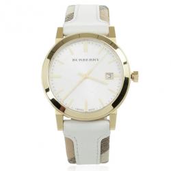 Burberry Nova Check Leather Gold Plated Womens Wristwatch 38 MM