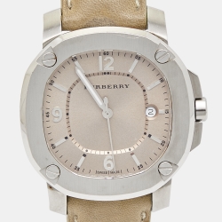 Pre Owned Burberry Champagne Stainless Steel Leather The Britain BBY1500 Women's Wristwatch 38 mm