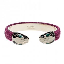 Pre Owned Bvlgari Serpenti Forever Enamel & Pink Galuchat Leather Gold Plated Open Cuff Bracelet