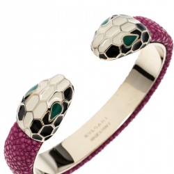 Pre Owned Bvlgari Serpenti Forever Enamel & Pink Galuchat Leather Gold Plated Open Cuff Bracelet