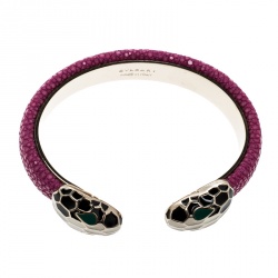 Pre Owned Bvlgari Serpenti Forever Enamel & Pink Galuchat Leather Gold Plated Open Cuff Bracelet