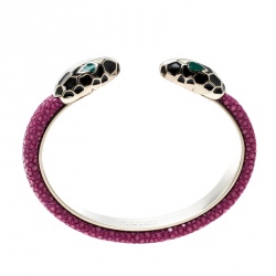 Pre Owned Bvlgari Serpenti Forever Enamel & Pink Galuchat Leather Gold Plated Open Cuff Bracelet