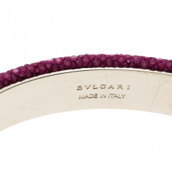 Pre Owned Bvlgari Serpenti Forever Enamel & Pink Galuchat Leather Gold Plated Open Cuff Bracelet