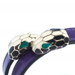 Pre Owned Bvlgari Serpenti Forever Enamel Purple Leather Gold Plated Double Wrap Bracelet