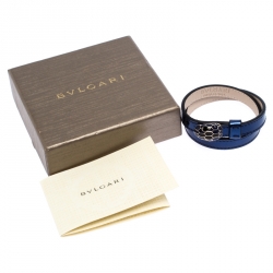 Bvlgari Serpenti Forever Enamel Metallic Blue Leather Gold Plated Double Coiled Bracelet