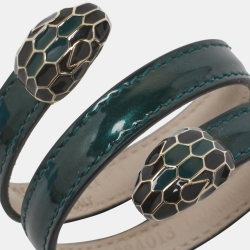 Pre Owned Bvlgari Serpenti Forever Enamel Green Leather Gold Tone Bracelet