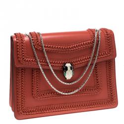 Pre Owned Bvlgari Red Leather Large Ruffled Serpenti Forever Shoulder Bag