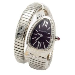 Bvlgari Purple Dial Serpenti Tubogas Steel Diamond Bezel Women's Watch Small Size