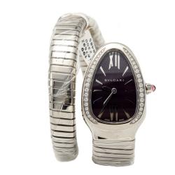 Bvlgari Purple Dial Serpenti Tubogas Steel Diamond Bezel Women's Watch Small Size