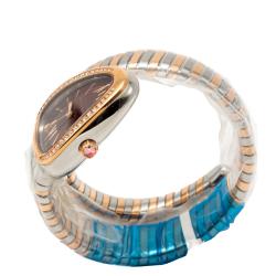 Bvlgari Brown Dial Serpenti Tubogas Steel & Rose Gold Diamond Bezel Women's Watch