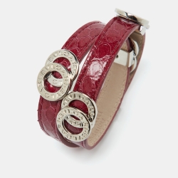 Pre Owned Bvlgari Bvlgari Red Snakeskin Leather Silver Tone Double Wrap Bracelet 