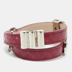 Pre Owned Bvlgari Bvlgari Red Snakeskin Leather Silver Tone Double Wrap Bracelet 