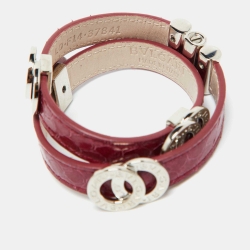 Pre Owned Bvlgari Bvlgari Red Snakeskin Leather Silver Tone Double Wrap Bracelet 