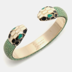 Pre Owned Bvlgari Serpenti Forever Enamel & Green Galuchat Leather Gold Plated Open Cuff Bracelet  15.3 cm