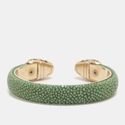 Pre Owned Bvlgari Serpenti Forever Enamel & Green Galuchat Leather Gold Plated Open Cuff Bracelet  15.3 cm