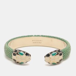 Pre Owned Bvlgari Serpenti Forever Enamel & Green Galuchat Leather Gold Plated Open Cuff Bracelet  15.3 cm