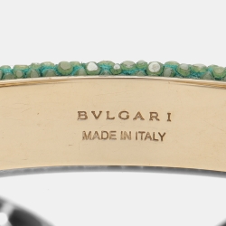 Pre Owned Bvlgari Serpenti Forever Enamel & Green Galuchat Leather Gold Plated Open Cuff Bracelet  15.3 cm