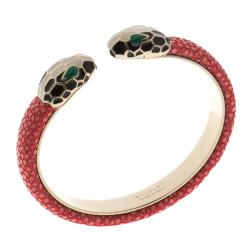 Bvlgari Serpenti Forever Pink Galuchat Leather Gold Plated Open Cuff Bracelet 
