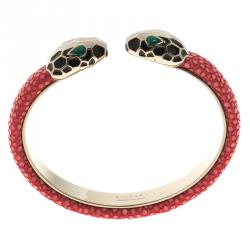 Bvlgari Serpenti Forever Pink Galuchat Leather Gold Plated Open Cuff Bracelet 