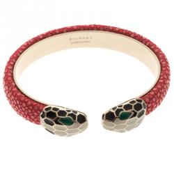 Bvlgari Serpenti Forever Pink Galuchat Leather Gold Plated Open Cuff Bracelet 