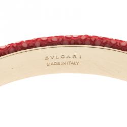 Bvlgari Serpenti Forever Pink Galuchat Leather Gold Plated Open Cuff Bracelet 