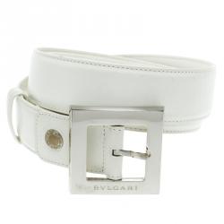 Pre Owned Bvlgari White Leather Square Buckle Belt 85cm