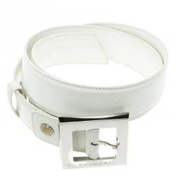 Pre Owned Bvlgari White Leather Square Buckle Belt 85cm