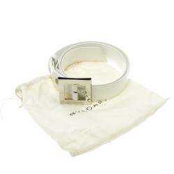 Pre Owned Bvlgari White Leather Square Buckle Belt 85cm