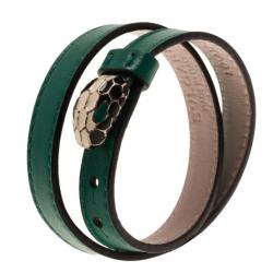 Pre Owned Bvlgari Serpenti Double Coiled Green Leather Bracelet 18CM