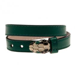 Pre Owned Bvlgari Serpenti Double Coiled Green Leather Bracelet 18CM