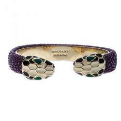 Pre Owned Bvlgari Serpenti Forever Enamel & Violet Galuchat Leather Gold Plated Open Cuff Bracelet 15cm