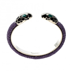 Pre Owned Bvlgari Serpenti Forever Enamel & Violet Galuchat Leather Gold Plated Open Cuff Bracelet 15cm
