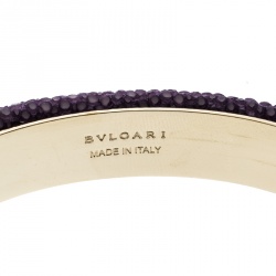 Pre Owned Bvlgari Serpenti Forever Enamel & Violet Galuchat Leather Gold Plated Open Cuff Bracelet 15cm