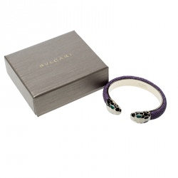 Pre Owned Bvlgari Serpenti Forever Enamel & Violet Galuchat Leather Gold Plated Open Cuff Bracelet 15cm