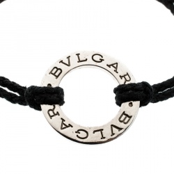 Pre Owned Bvlgari Silver Charm Black Cord Adjustable Bracelet