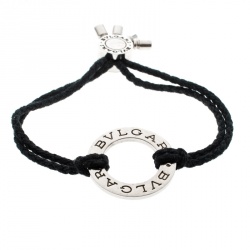 Pre Owned Bvlgari Silver Charm Black Cord Adjustable Bracelet