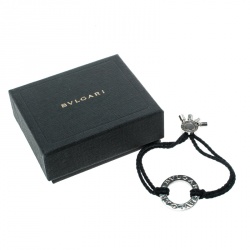 Pre Owned Bvlgari Silver Charm Black Cord Adjustable Bracelet