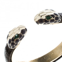 Pre Owned Bvlgari Serpenti Forever Enamel Leather Gold Tone Open Cuff Bracelet