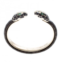 Pre Owned Bvlgari Serpenti Forever Enamel Leather Gold Tone Open Cuff Bracelet
