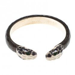 Pre Owned Bvlgari Serpenti Forever Enamel Leather Gold Tone Open Cuff Bracelet