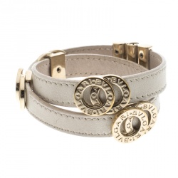 Pre Owned Bvlgari White Leather Gold Tone Double Wrap Bracelet