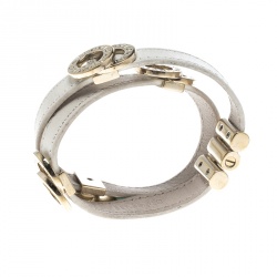 Pre Owned Bvlgari White Leather Gold Tone Double Wrap Bracelet