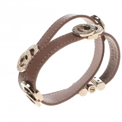 Pre Owned Bvlgari Brown Leather Gold Tone Double Coiled Wrap Bracelet